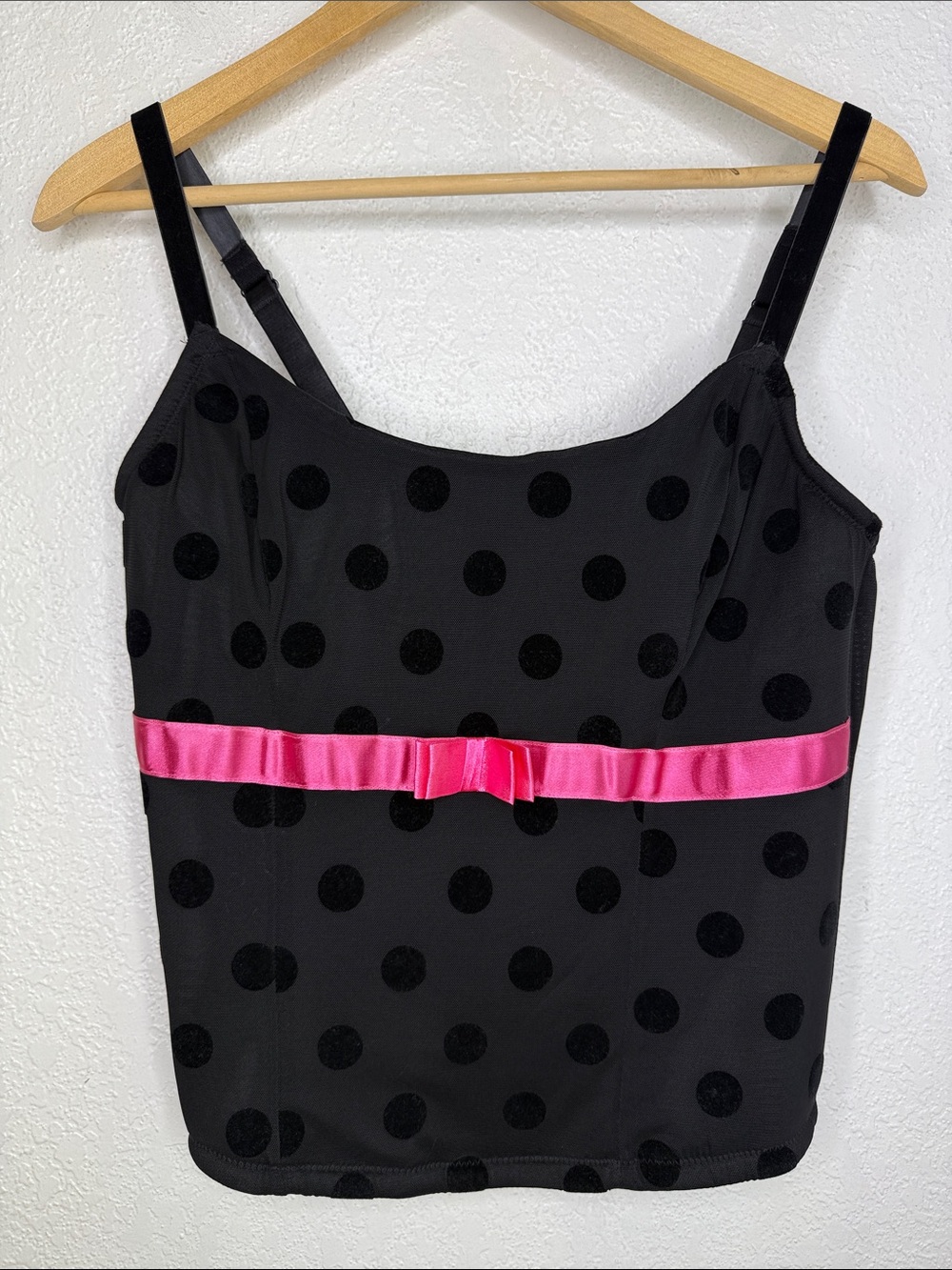 Cacique Size 18/20 Black Velvet Polka Dot Corset Bustier Pink Bow Lingerie Top